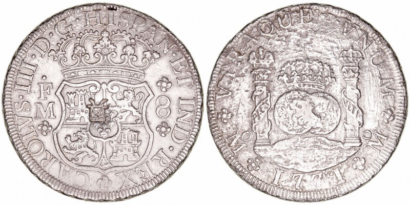 Carlos III
8 Reales. AR. Méjico MF. 1771. Tipo columnario. Resello oriental? gr...