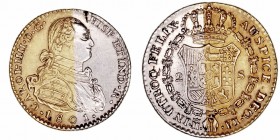 Carlos IV
2 Escudos. Platino. Madrid FM. 1801. Falsa de época. No coincidente. 6.65g. Barrera 472. Conserva parte del dorado. Muy escasa. (EBC-).