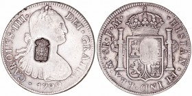 Carlos IV
8 Reales. AR. Méjico FM. 1799. Con resello de escudo Portugués para circular como 870 Reis. 26.61g. KM.440.13. Escasa. (MBC).