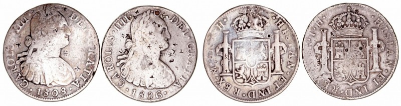 Carlos IV
8 Reales. AR. Méjico TH. Lote de 2 monedas. 1806 y 1808. Agujeros tap...