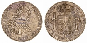 Carlos IV
8 Reales. Latón. Lima JP. (1805). Botón de Gauchos imitando un real de ocho. 20.47g. Resto de soldadura en anverso. (BC+).