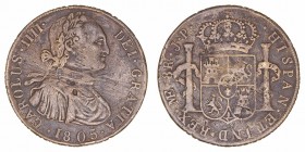 Carlos IV
8 Reales. Latón. Lima JP. (1805). Botón de Gauchos imitando un real de ocho. 15.92g. Resto de soldadura en anverso. (BC-).