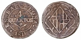 José I
4 Quartos. AE. Barcelona. 1811. 8.88g. Cal.73. Punto de verdín. (BC-).