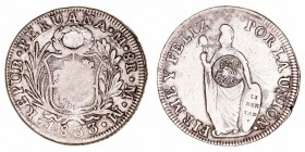 Fernando VII
8 Reales. AR. Lima. 1833 MM. Resello en reverso. 26.75g. Cal.536. Rayitas. Escasa. (MBC).