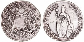 Fernando VII
8 Reales. AR. Lima. 1834 MM. Resello en reverso. 26.83g. Cal.536. Escasa. (MBC).