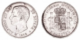 Alfonso XII
5 Pesetas. AR. 1876 *18-76 DEM. 24.98g. Cal.26a. Primera estrella difusa. MBC-.