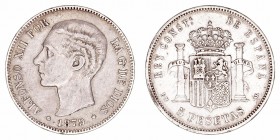 Alfonso XII
5 Pesetas. AR. 1879 *18-79 EMM. 24.99g. Cal.31. Raya. Escasa. MBC-.
