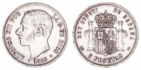 Alfonso XII
5 Pesetas. AR. 1885 *18-87 MSM. 24.96g. Cal.42. Algo sucia. MBC-.