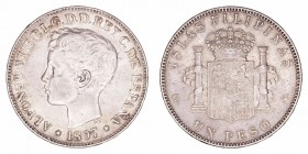 Alfonso XIII
Peso. AR. Manila. 1897 SGV. 25.06g. Cal.81. Suave pátina. MBC/MBC+.