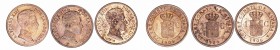 Alfonso XIII
Céntimo. AE. 1906 *6 SLV. Lote de 3 monedas. Cal.77. Alguna manchita. EBC+ a MBC+.