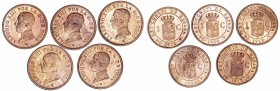 Alfonso XIII
Céntimo. AE. 1912 *2 PCV. Lote de 5 monedas. Cal.79. Conservan brillo y color original. SC- a EBC+.