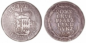 Alemania 
20 Kreuzer. AR. 1726 IGW. Karl Philipp. Pfalz-Kurfürstentum. 4.34g. KM.71. BC-.