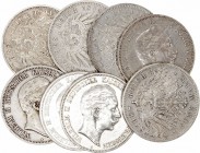 Alemania Guillermo II
5 Marcos. AR. Berlín. Lote de 8 monedas. 1895, 1899, 1900, 1902, 1903, 1904, 1907 y 1908. KM.523. MBC+ a MBC-.