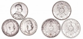 Alemania Guillermo II
2 Marcos. AR. Berlín. Lote de 3 monedas. 1902, 1906 y 1913. KM.522/553. MBC+ a MBC.