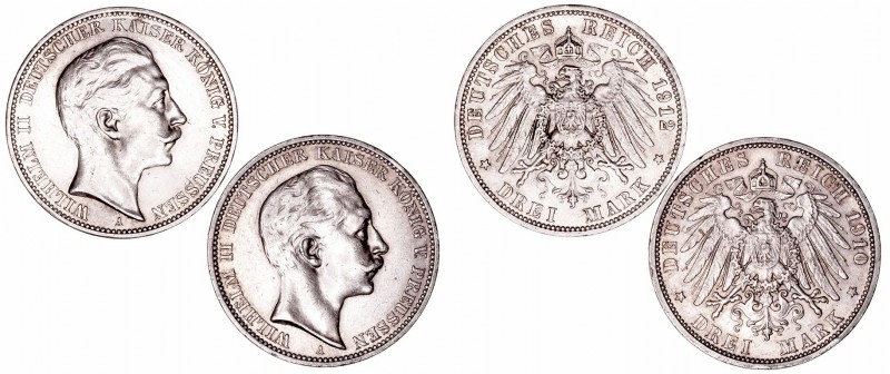 Alemania Guillermo II
3 Marcos. AR. Berlín. Lote de 2 monedas. 1910 y 1912. KM....