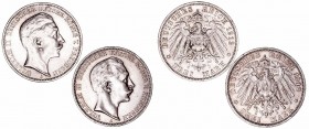 Alemania Guillermo II
3 Marcos. AR. Berlín. Lote de 2 monedas. 1910 y 1912. KM.527. MBC+ a MBC.