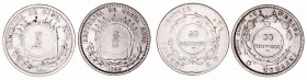 Costa Rica 
50 Céntimos. AR. Lote de 2 monedas. 1887 y 1893, ambas con resello 1923 en 25 Centavos. KM.159. (MBC-).
