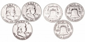 Estados Unidos 
1/2 Dólar. AR. Lote de 3 monedas. 1951, 1951 D y 1951 S. KM.199. MBC- a BC+.