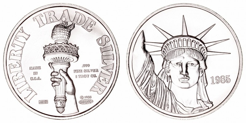 Estados Unidos 
Onza. AR. 1985. Liberty Trade Silver. Onza Troy 999 mil. 31.32g...