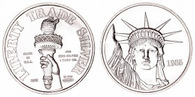 Estados Unidos 
Onza. AR. 1985. Liberty Trade Silver. Onza Troy 999 mil. 31.32g. SC.