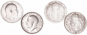 Gran Bretaña 
1/2 Corona. AR. Lote de 2 monedas. 1906 y 1914. MBC+ a BC.