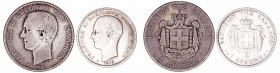 Grecia 
AR. Lote de 2 monedas. Dracma 1873 y 2 Dracmas 1883 (París). KM.38/39. MBC a MBC-.
