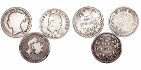 Lotes de Conjunto
AR. Lote 3 monedas. Gran Bretaña Shilling 1859, Italia Lira 1863 y Portugal 200 Reis 1854. Tonalidad. BC a BC-.