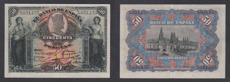 Banco de España
50 Pesetas. 15 julio 1907. Sin serie. ED.319. Planchado. Escaso...