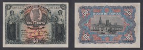 Banco de España
50 Pesetas. 15 julio 1907. Sin serie. ED.319. Planchado. Escaso así. (EBC-).