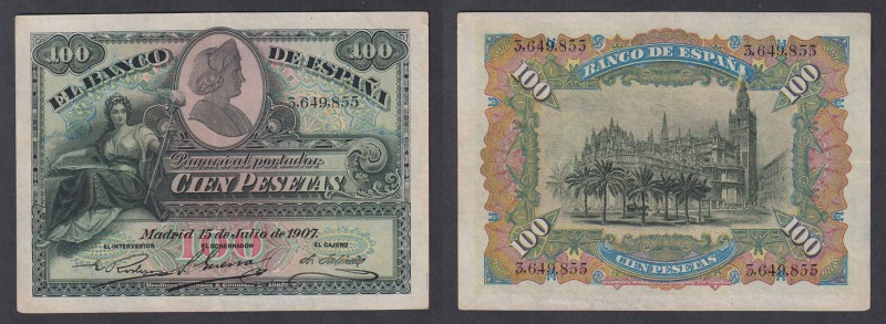 Banco de España
100 Pesetas. 15 julio 1907. Sin serie. ED.320. Planchado. Muy e...