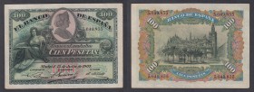 Banco de España
100 Pesetas. 15 julio 1907. Sin serie. ED.320. Planchado. Muy escaso así. (EBC).