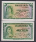 Guerra Civil-Zona Republicana, Banco de España
5 Pesetas. Emisión 1935. Lote de 2 billetes. Serie D y J. ED.363a/b. SC.