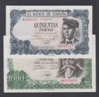 Estado Español, Banco de España
1971. Lote de 2 billetes. 500 y 1000 Pesetas. Series. ED.473a/474c. SC- a EBC+.