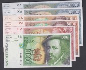 Juan Carlos I, Banco de España
Serie de 6 billetes. 1000, 2000, 5000 (s/s y serie 1U) y 10000 Pesetas (s/s y serie L). ED.482Aa/483a/484/485. SC a SC...