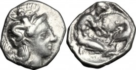 Greek Italy. Southern Apulia, Tarentum. AR Diobol, 380-325 BC. D/ Head of Athena right, wearing helmet decorated with Scylla. R/ Herakles kneeling rig...