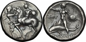 Greek Italy. Southern Apulia, Tarentum. AR Nomos, c. 280 BC. D/ Warrior, wearing shield on left arm and holding spear, on horse prancing left; to left...