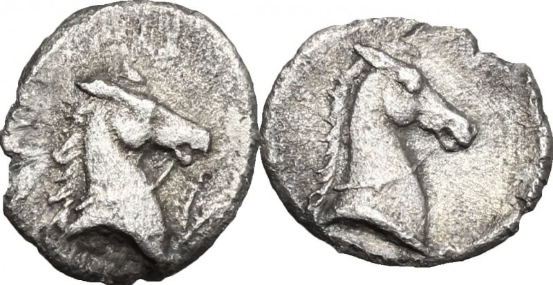Greek Italy. Southern Apulia, Tarentum. AR 3/4-obol, 325-280 BC. D/ Head of hors...