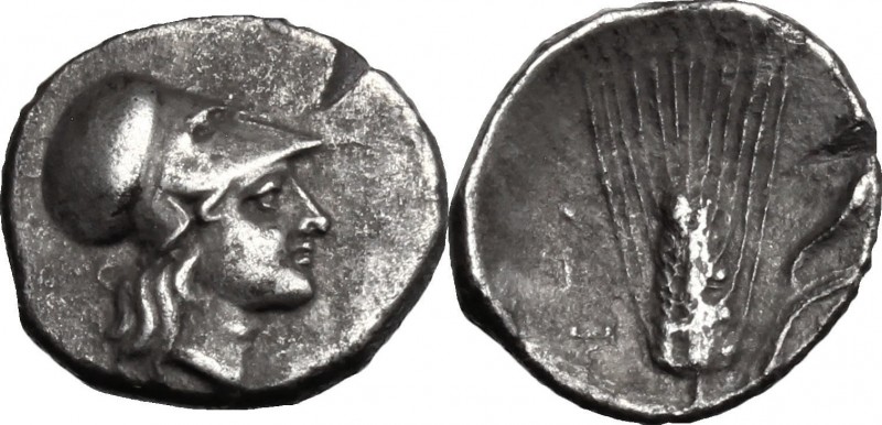 Greek Italy. Southern Lucania, Metapontum. AR Diobol, c. 325-275 BC. D/ Helmeted...