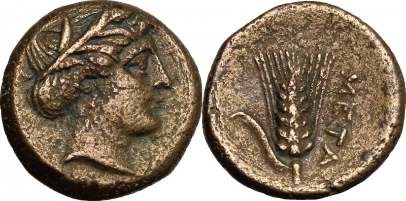 Greek Italy. Southern Lucania, Metapontum. AE 15 mm, c. 300-250 BC. D/ Wreathed ...