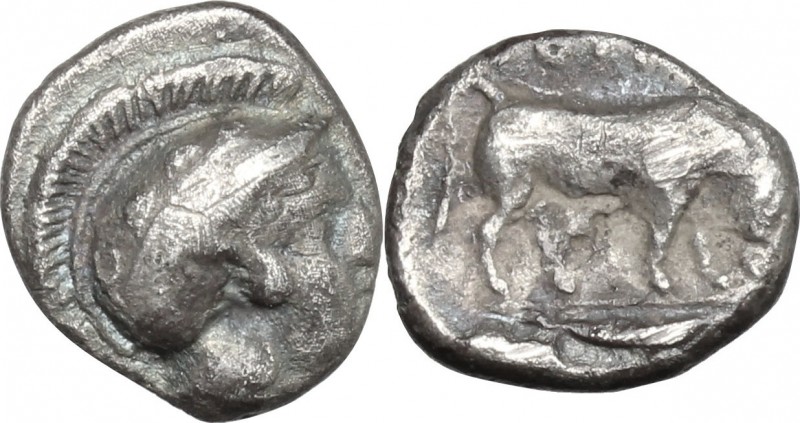 Greek Italy. Southern Lucania, Thurium. AR Diobol, 400-370 BC. D/ Head of Athena...