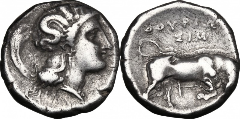 Greek Italy. Southern Lucania, Thurium. AR Stater, 350-300 BC. D/ Head of Athena...