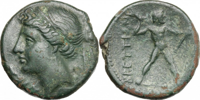 Greek Italy. Bruttium, The Brettii. AE Half, 214-211 BC. D/ Head of Nike left; b...