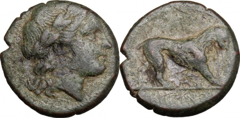 Greek Italy. Bruttium, Rhegion. AE 15 mm, 260-215 BC. D/ Head of Apollo right, l...
