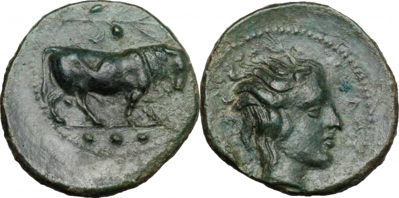 Sicily. Gela. AE Tetras, 420-405 BC. D/ Bull right; above, olive-branch with ber...