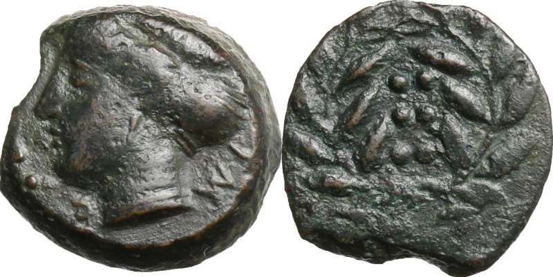 Sicily. Himera. AE Hemilitron, c. 415-409 BC. D/ Head of nymph left; before, six...