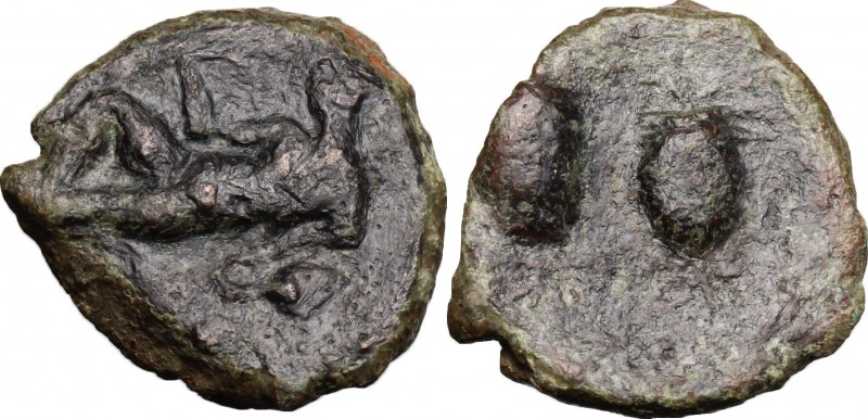 Sicily. Katane. AE 17 mm, 2nd-1st century BC. D/ River god reclining left, holdi...