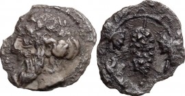 Sicily. Naxos. AR Litra, c. 461-430 BC. D/ Head of Dionysos left, wearing ivy wreath; [NAXI to right]. R/ Grape bunch on vine. Cahn 92–6 var.; Campana...