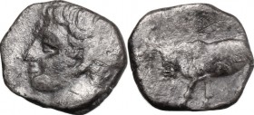 Sicily. Panormos, Punic Occupation. AR Litra, 405-380 BC. D/ Head of river god left, horned. R/ Man-heded bull left. SNG ANS 548. HGC 2, 1050. AR. g. ...