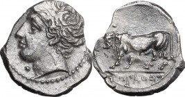Sicily. Panormos, Punic Occupation. AR Litra, 405-380 BC. D/ Head of river god left, horned. R/ Man-headed bull left; in exergue, Punic legend. CNP 39...