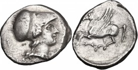 Sicily. Syracuse. Agathokles (317-289 BC). AR Stater, c. 300 BC. D/ Head of Athena right, helmeted. R/ Pegasus flying left; below, thunderbolt. SNG AN...